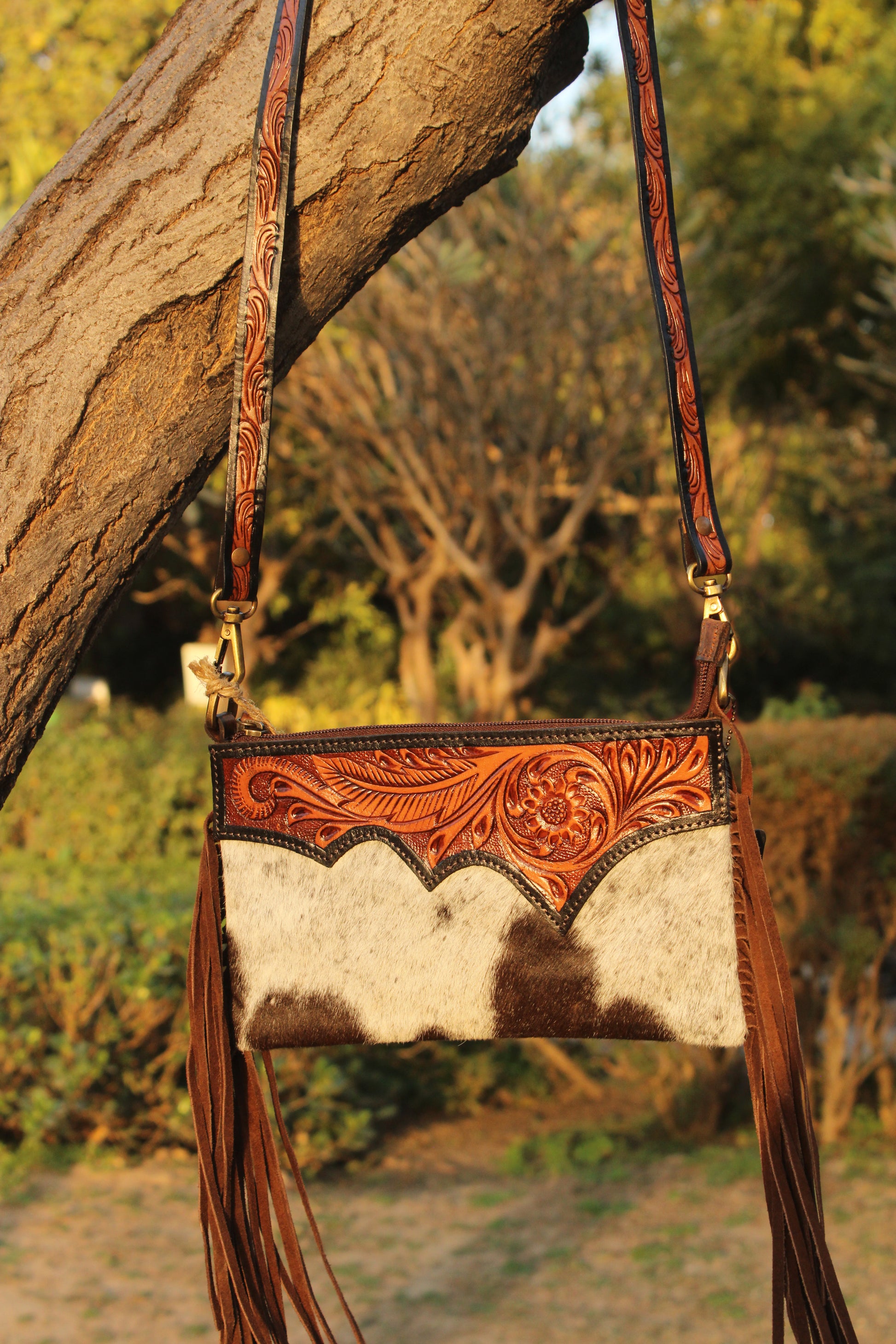 Long Hair-On Hand Tooled Shoulder Bags with Fringes