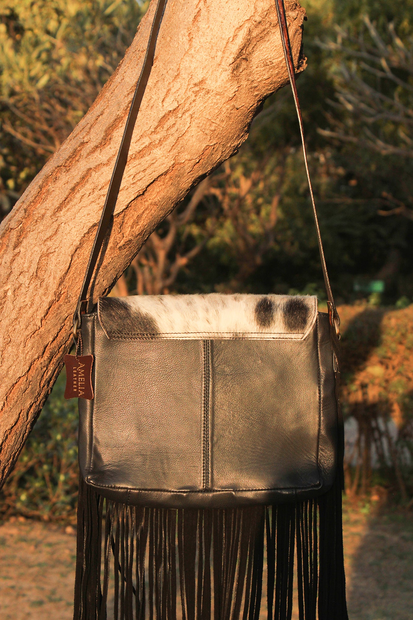 Hair-On Hand Tooled Shoulder Bags with Fringes