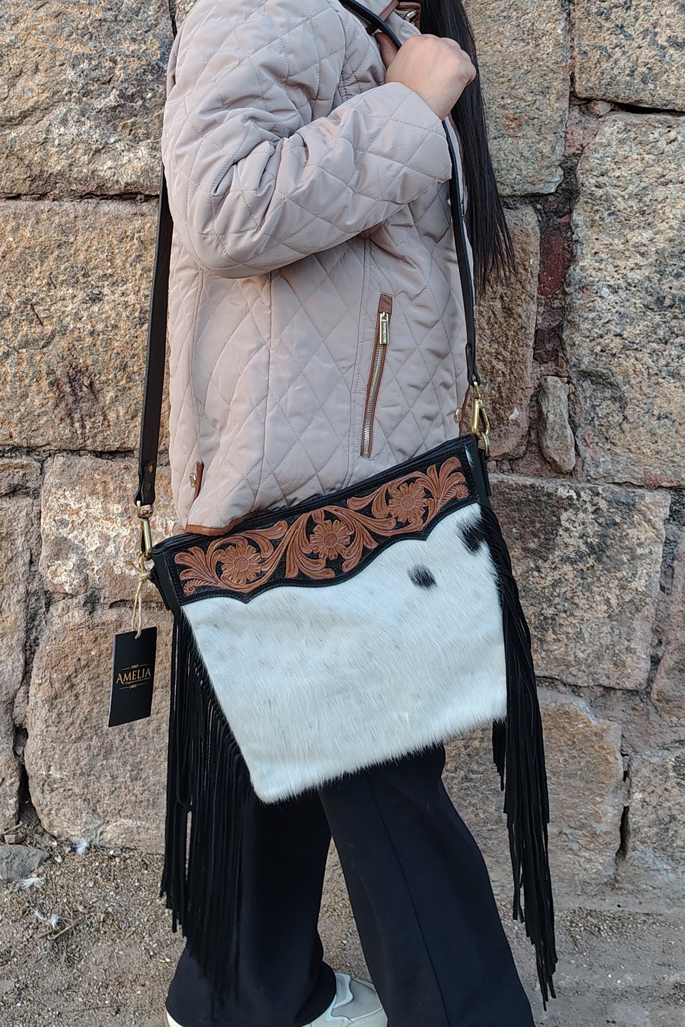 Large Hair-On Hand Tooled Shoulder Bags